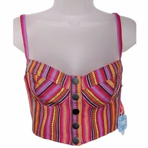 L'Amour Bustier Crop Top Tank Striped Pink Baja Snap Front NWT Medium